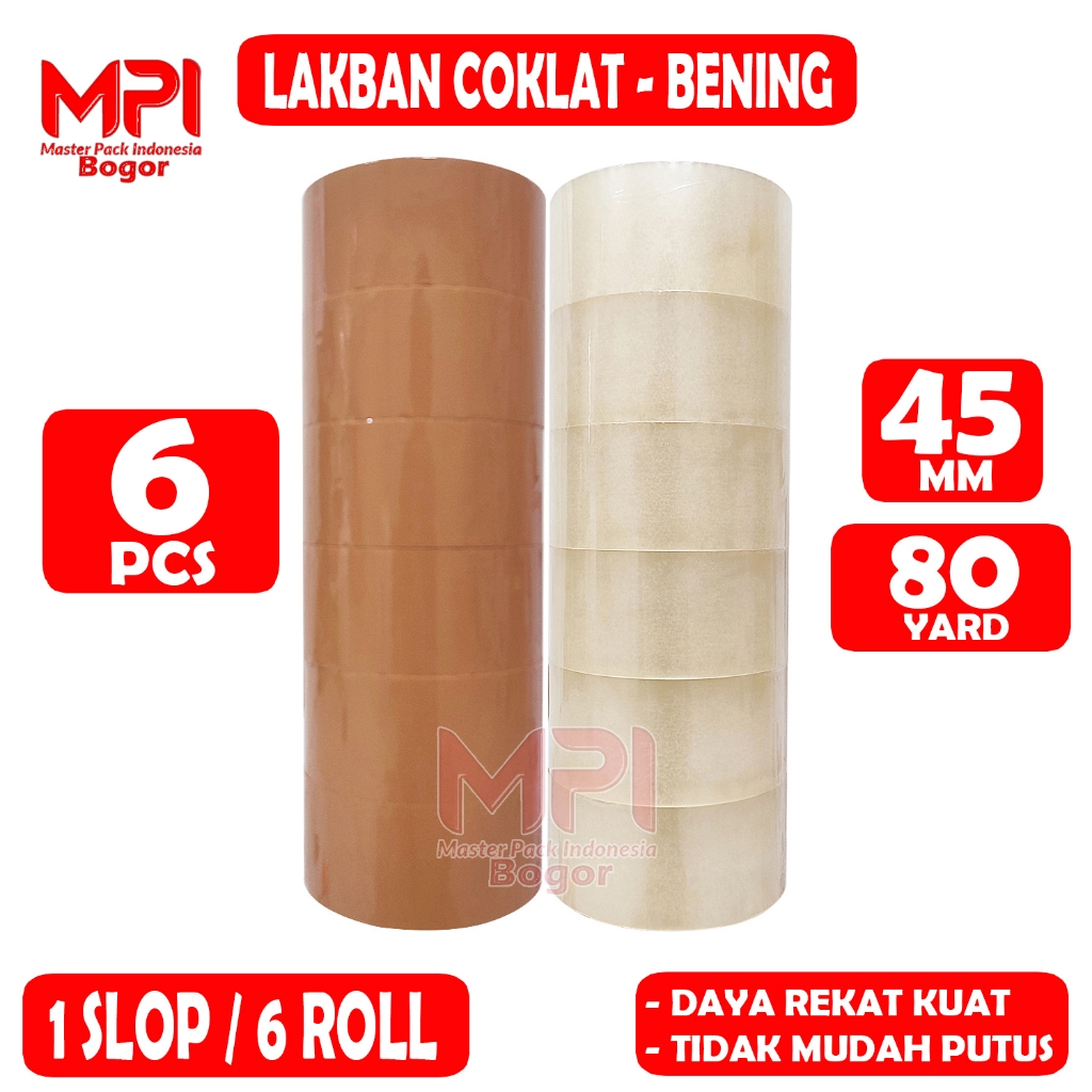 Jual 1 SLOP 6 PCS Lakban Coklat Bening MPI 45 Mm X 80 Yard