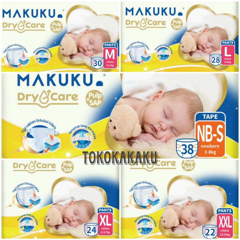 Jual Makuku Dry Care Diapers Baby NBS38 M30 L28 XL24 XXL22 Shopee