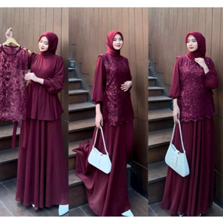 Jual Vallina Outfit Cintya Maxy Dress Set Vest Brokat Premium Gamis