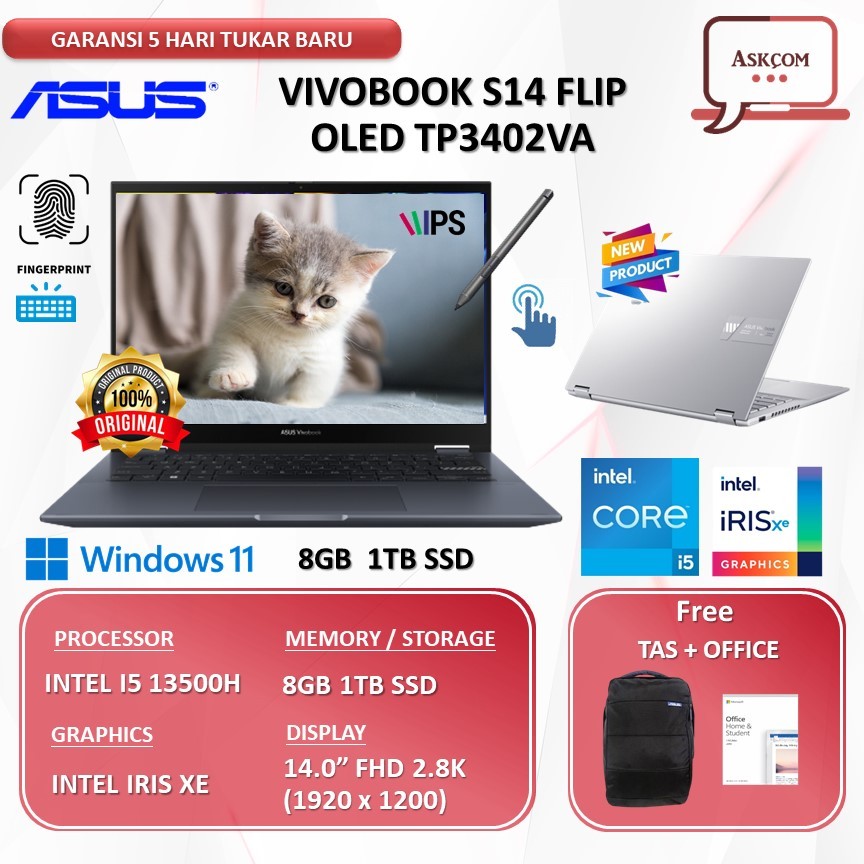 Jual ASUS VIVOBOOK S14 FLIP OLED TP3402VA Touch I5 13500H 16GB 1TB SSD