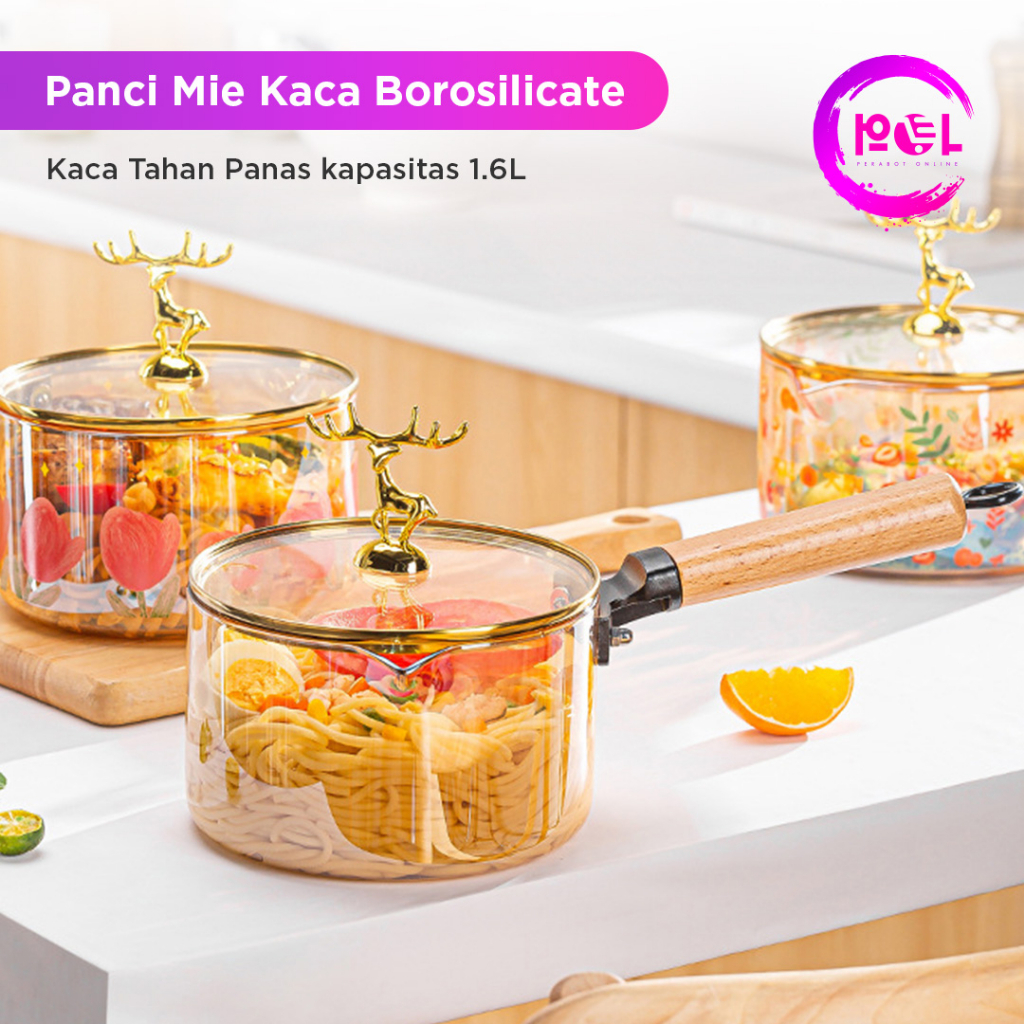 Jual Panci Kaca Gagang Kayu Borosillicate Panci Mie Kaca Bening