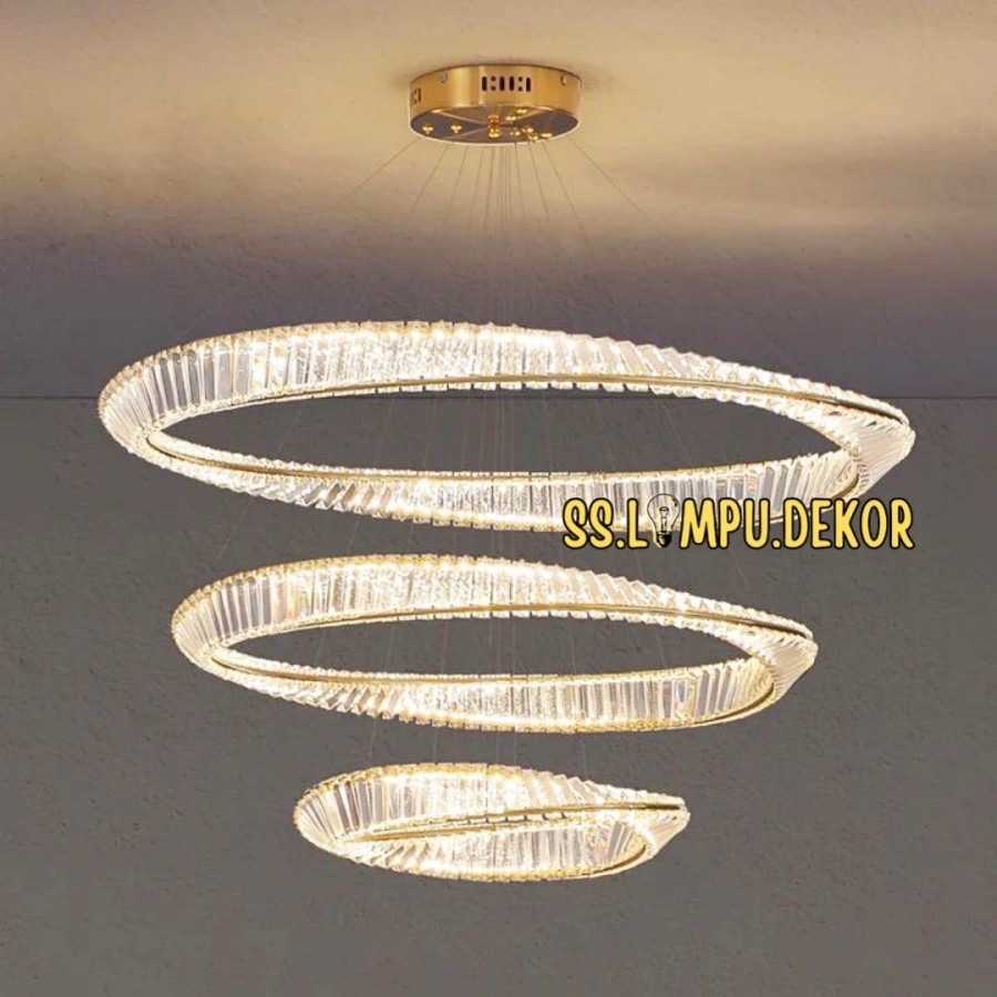 Jual Lampu Gantung Kristal LED Ring 3 Wave Gold Mewah Modern Hias Void