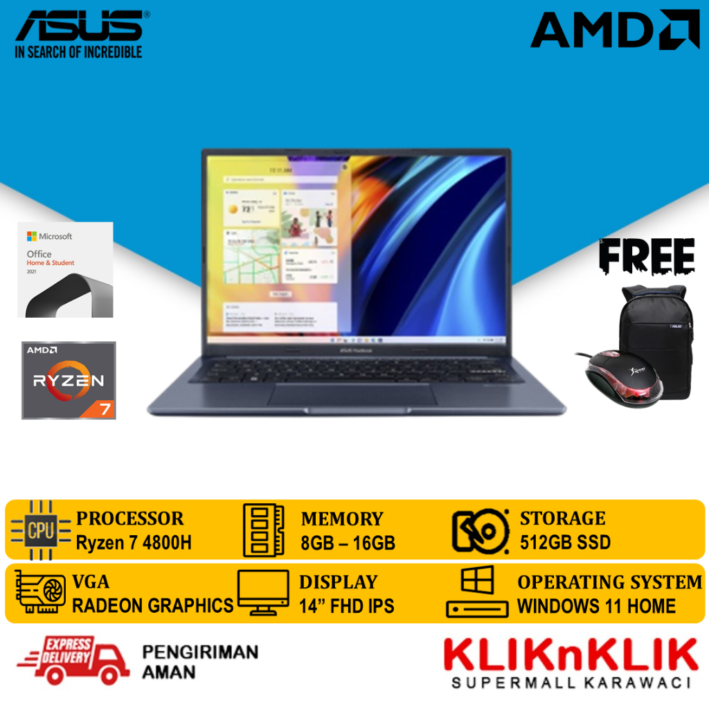 Jual Asus Vivobook 14 M1402Ia Ryzen 7 4800H 16Gb Ssd 512Gb Full Hd Ips