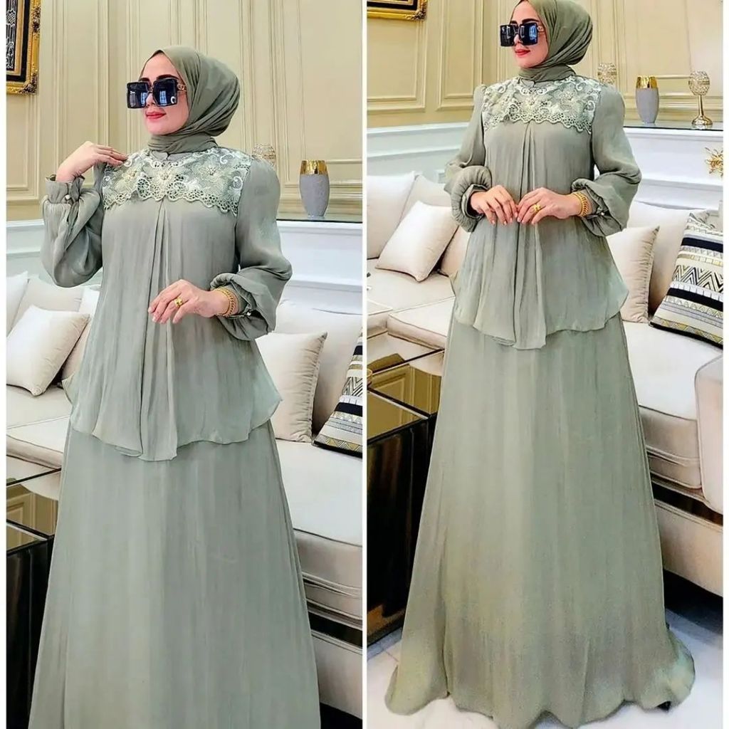 Jual Elycia Dress Gamis Muslim Wanita Bahan Full Shimmer Mix Bordir