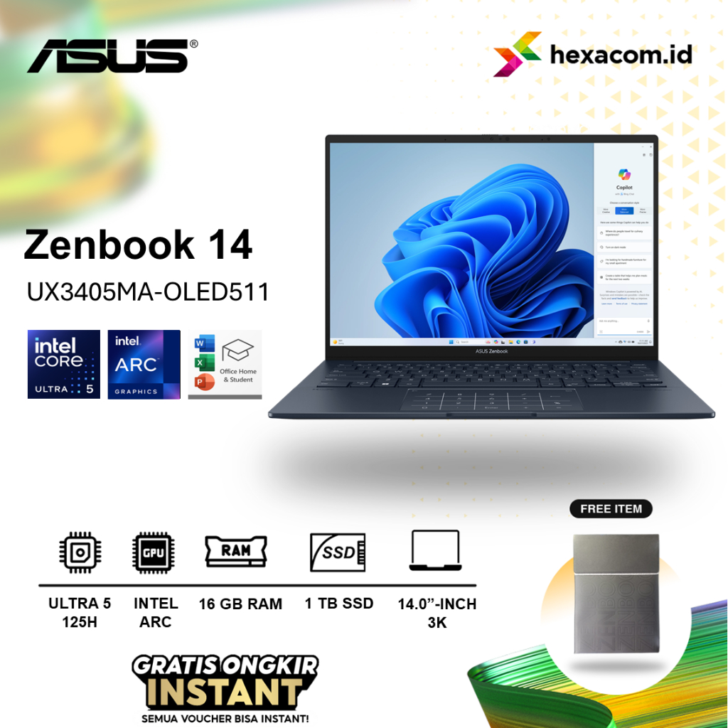 Jual Laptop Asus Zenbook 14 Oled UX3405MA Ultra 5 125H 16Gb Ssd 1Tb 14