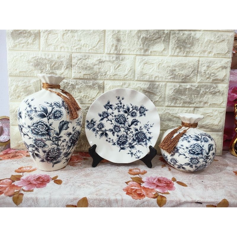 Jual Guci Vas Piring Antik Putih Biru Keramik Porcelain Mewah Set 3pc