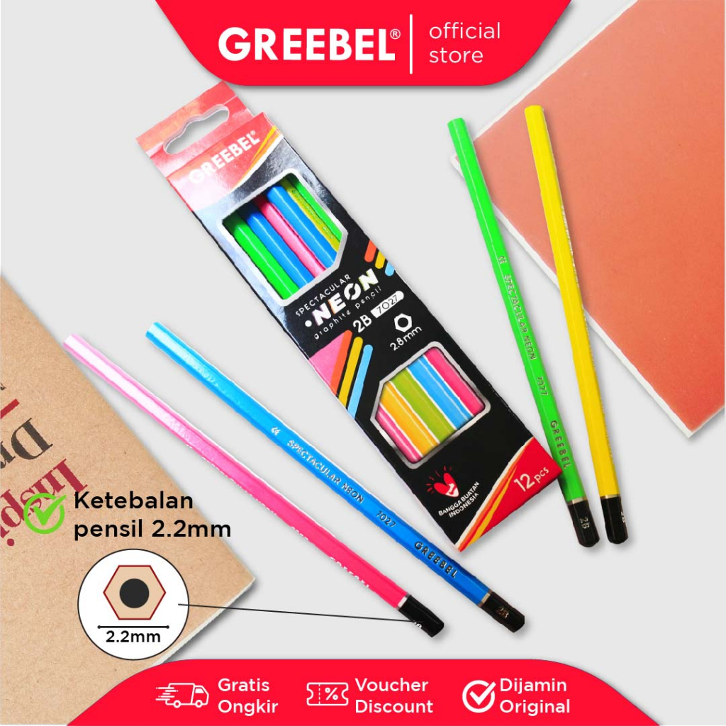 Jual Pensil 2B Greebel Neon Graphite Pencil 7027 1 Lusin 12 Pcs