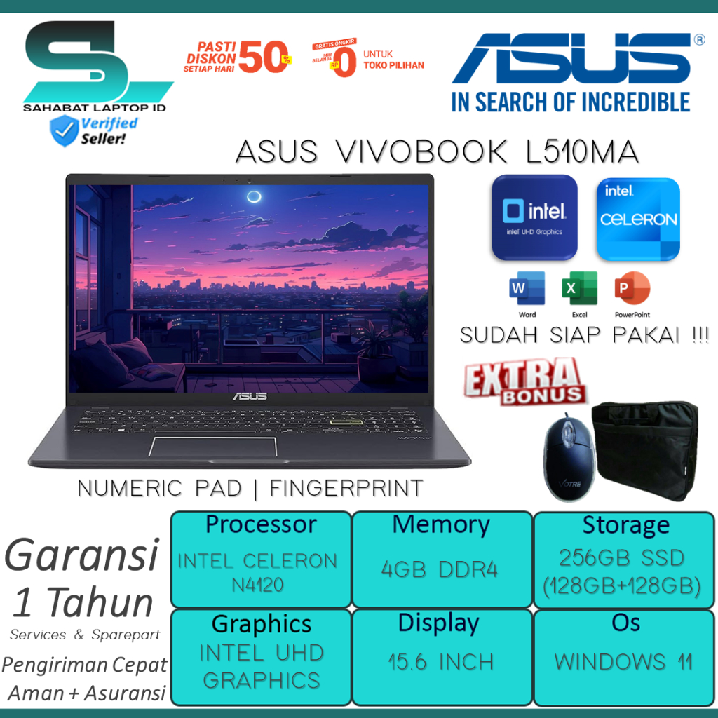 Jual PROMO Laptop ASUS Vivobook L510MA Intel N4020 4GB 512GB SSD 15