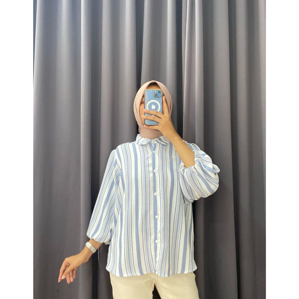 Jual Blouse Wanita Salur Krah Kemeja Lengan Ballon Crinkle Yarded Best