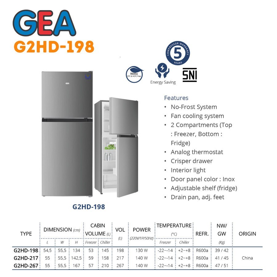 Jual Kulkas GEA G2HD 198 G2HD198 INOX Kulkas 2 Pintu No Frost 198