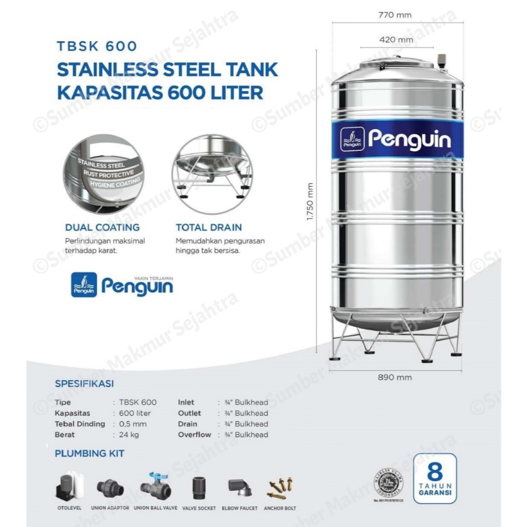 Jual Tangki Air Tandon Toren Stainless Penguin 600 Liter TBSK 600