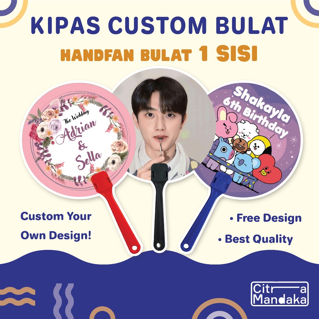 Jual Kipas Tangan Manual Bulat Besar Custom Sisi Souvenir Promosi