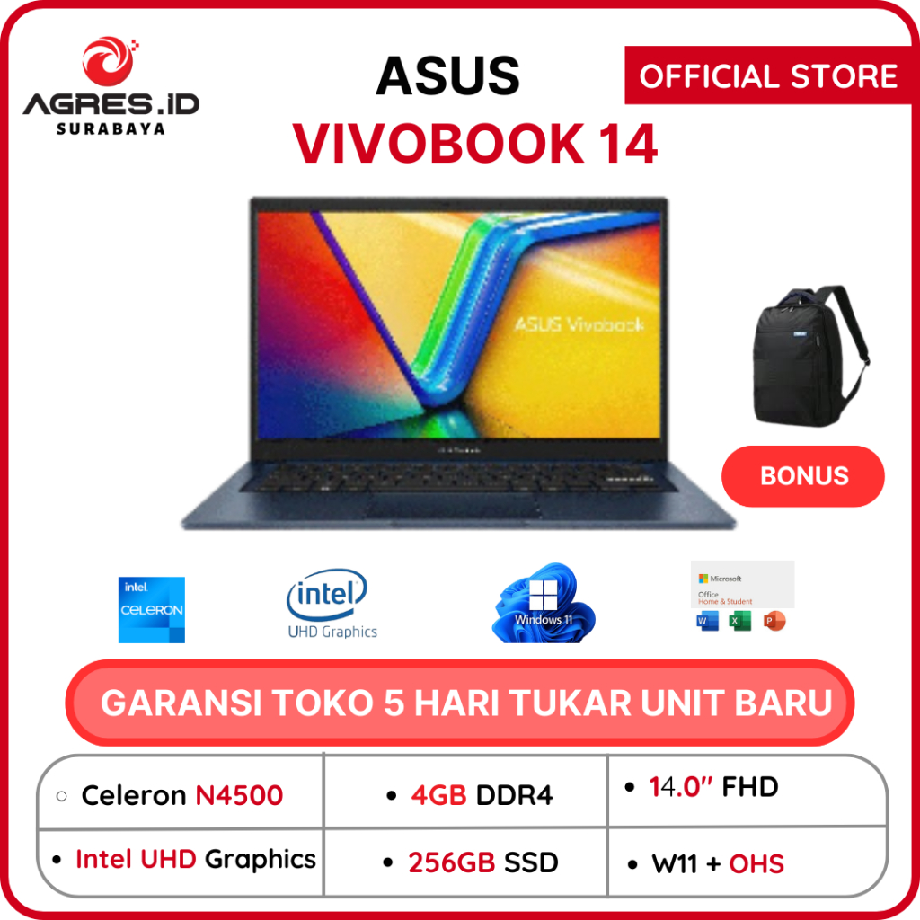 Jual ASUS VIVOBOOK 14 A1400KA Celeron N4500 4gb 8gb 256gb 14 0FHD