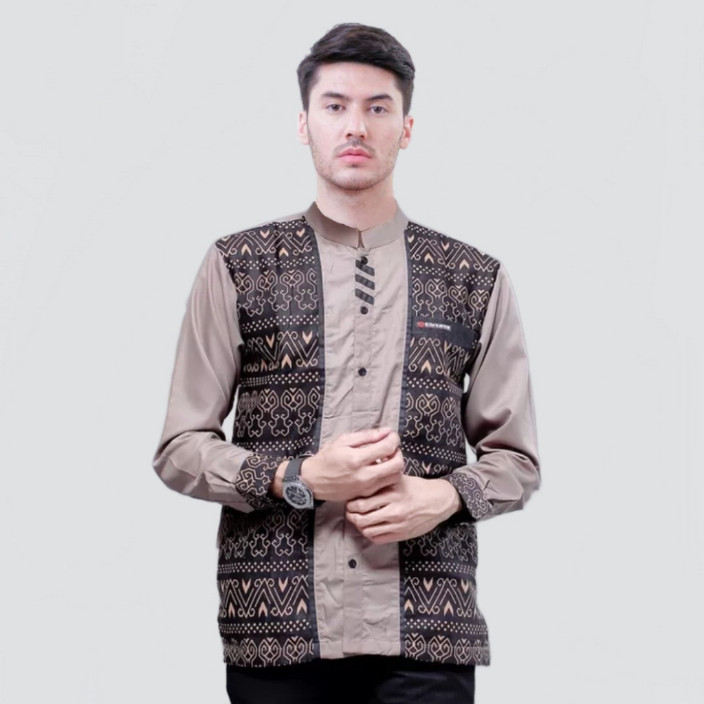 Jual Baju Koko Muslim Pria Lengan Panjang Kombinasi Batik Motif Dayak