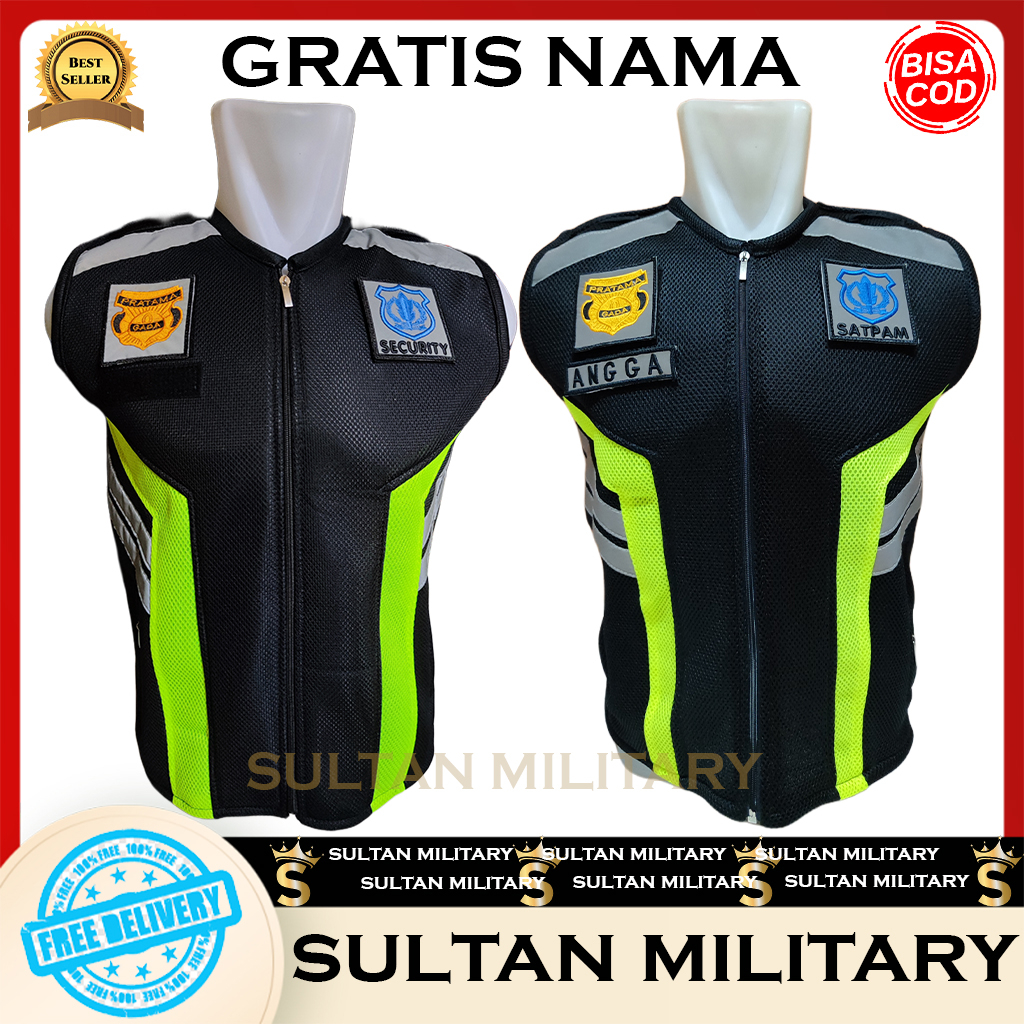 Jual Rompi Security Satpam Variasi Hitam Garis Hijau Bahan Double Mesh