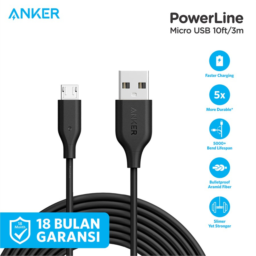 Jual Kabel Charger Anker PowerLine Micro USB 10ft 3m A8134 Shopee