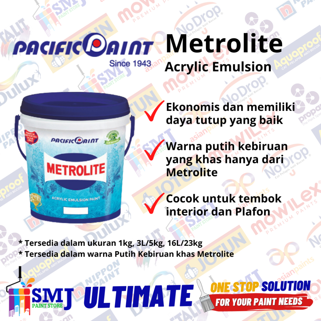 Jual Cat Tembok Interior METROLITE Putih Kebiruan Ukuran 3L Atau 5kg