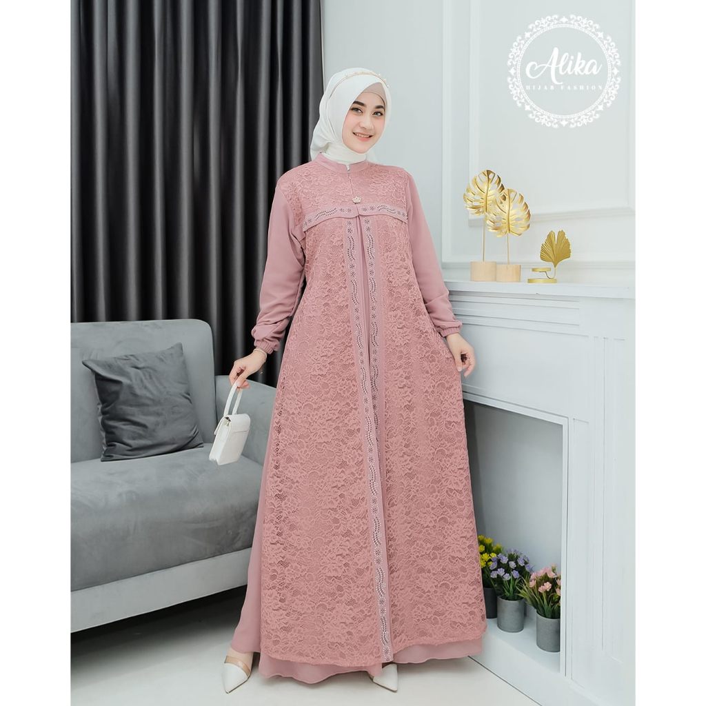 Jual Gamis Aisyah Ceruty Babydoll Premium Mix Brukat Gliter Gamis