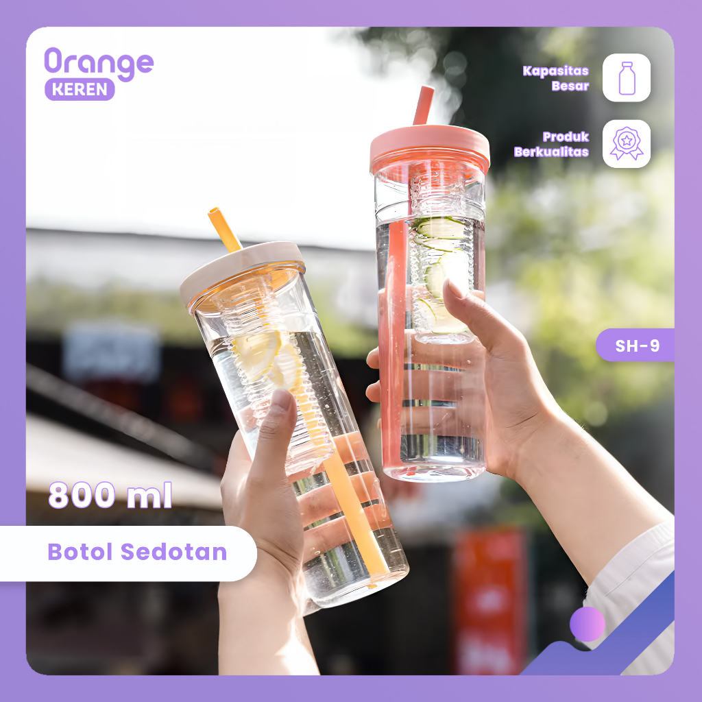 Jual Orange Keren Botol Minum Transparan Infused Water Sedotan Lipat