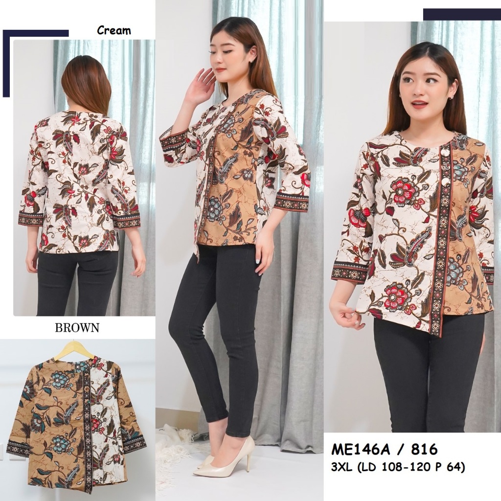 Jual Blouse Batik Wanita Reg JUMBO Tangan Panjang ME146A Shopee