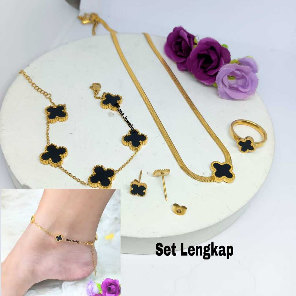 Jual Kalung Titanium Bunga Clvr Hitam Pipih Anti Luntur Anti Karat