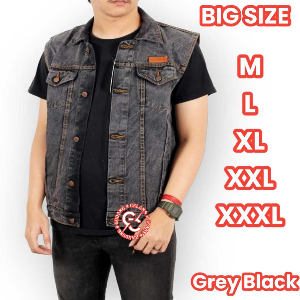 Jual Rompi Jeans Sandwash Grey Black Jumbo Big Size VEST BODY UKURAN M