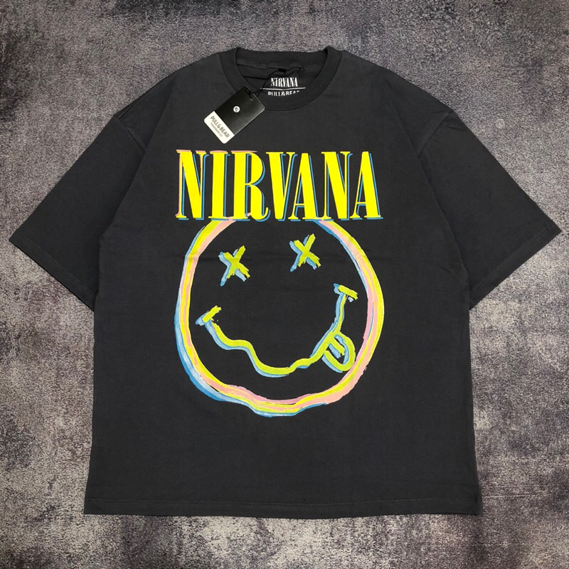 Jual Baju Kaos Pull Bear Oversize Nirvana Logo Smile T Shirt Band