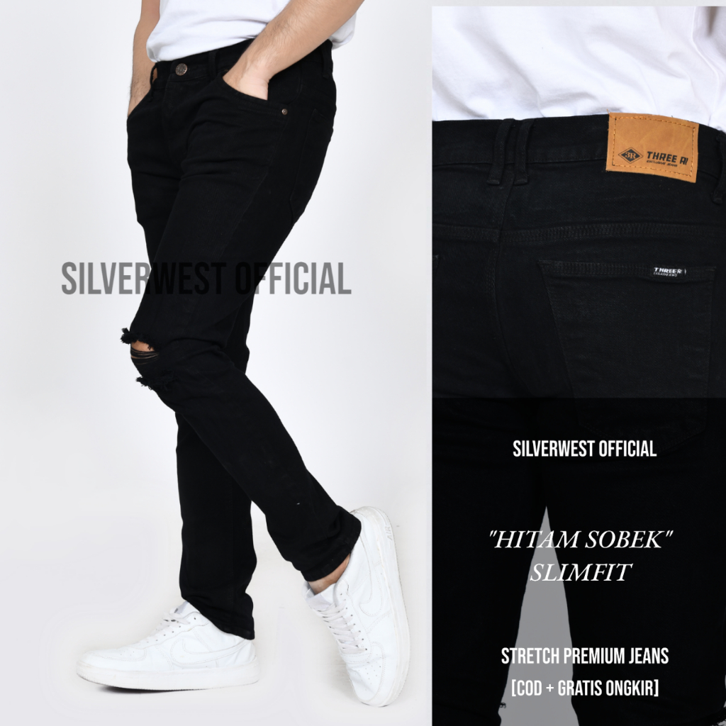 Jual Celana Jeans Sobek Pria Panjang Slim Fit Ripped Destroy Abu Grey