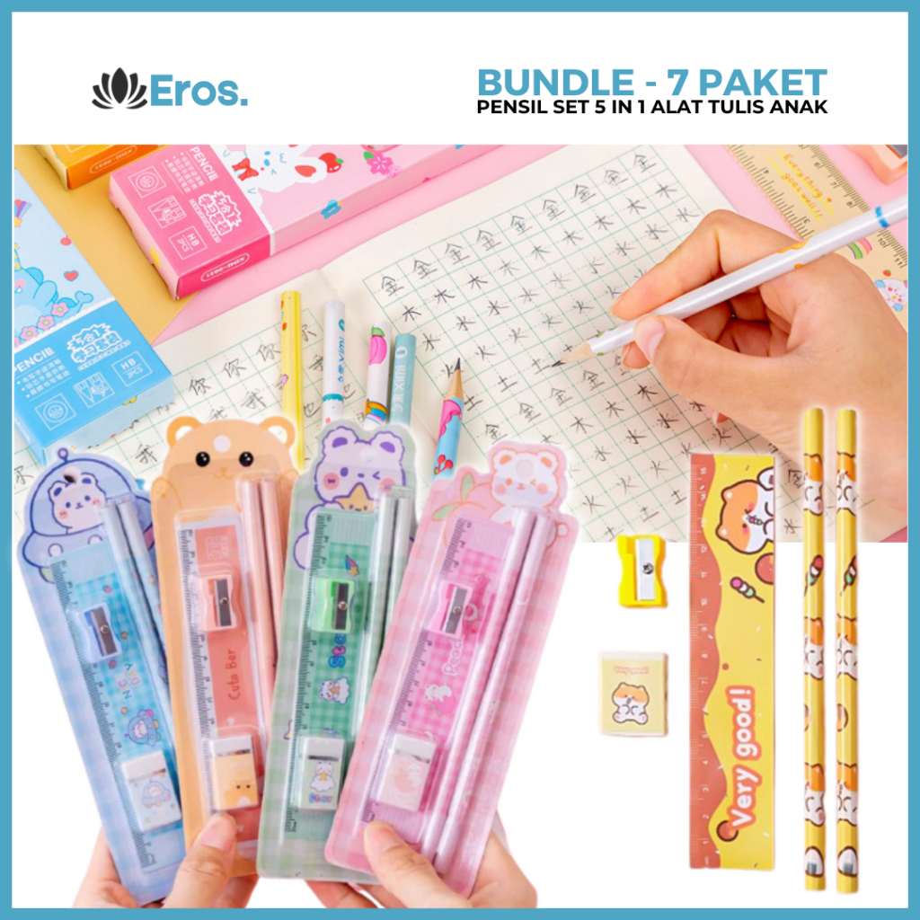 Jual BUNDLE Alat Tulis Set Mini Stationary Set Sekolah 5 In 1 Pensil