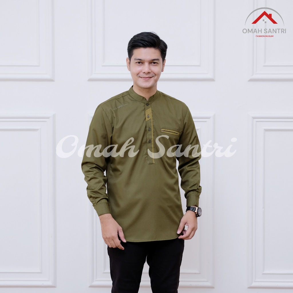 Jual Kemeja Koko Pria Dewasa Model Abizar Lengan Panjang Warna Olive