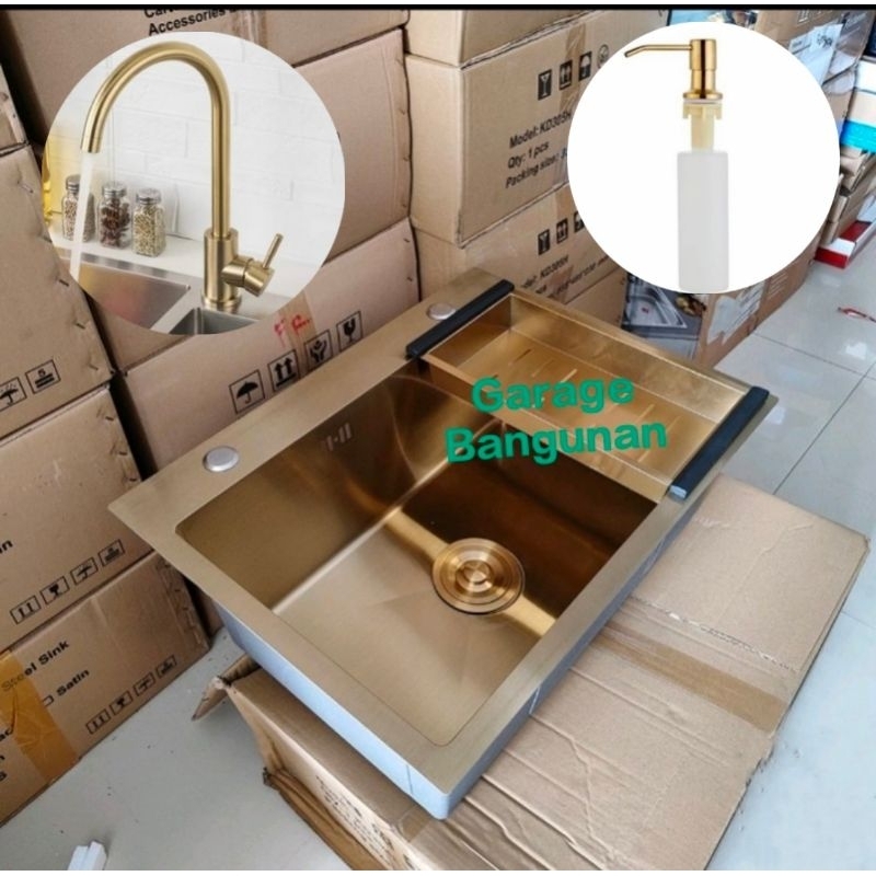 Jual Kitchen Sink 6045 Gold Lengkap Kran Flexible Kran Tarik Kran Pipa