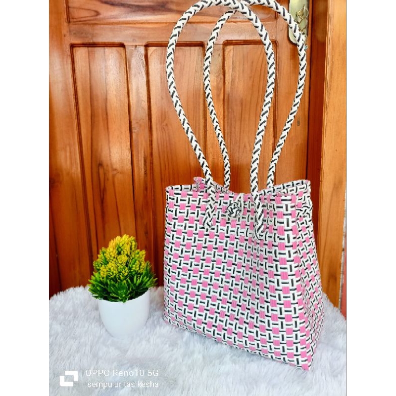 Jual Free Rainbow Tas Anyaman Plastik Jali Jali Wanita Kekinian Handle