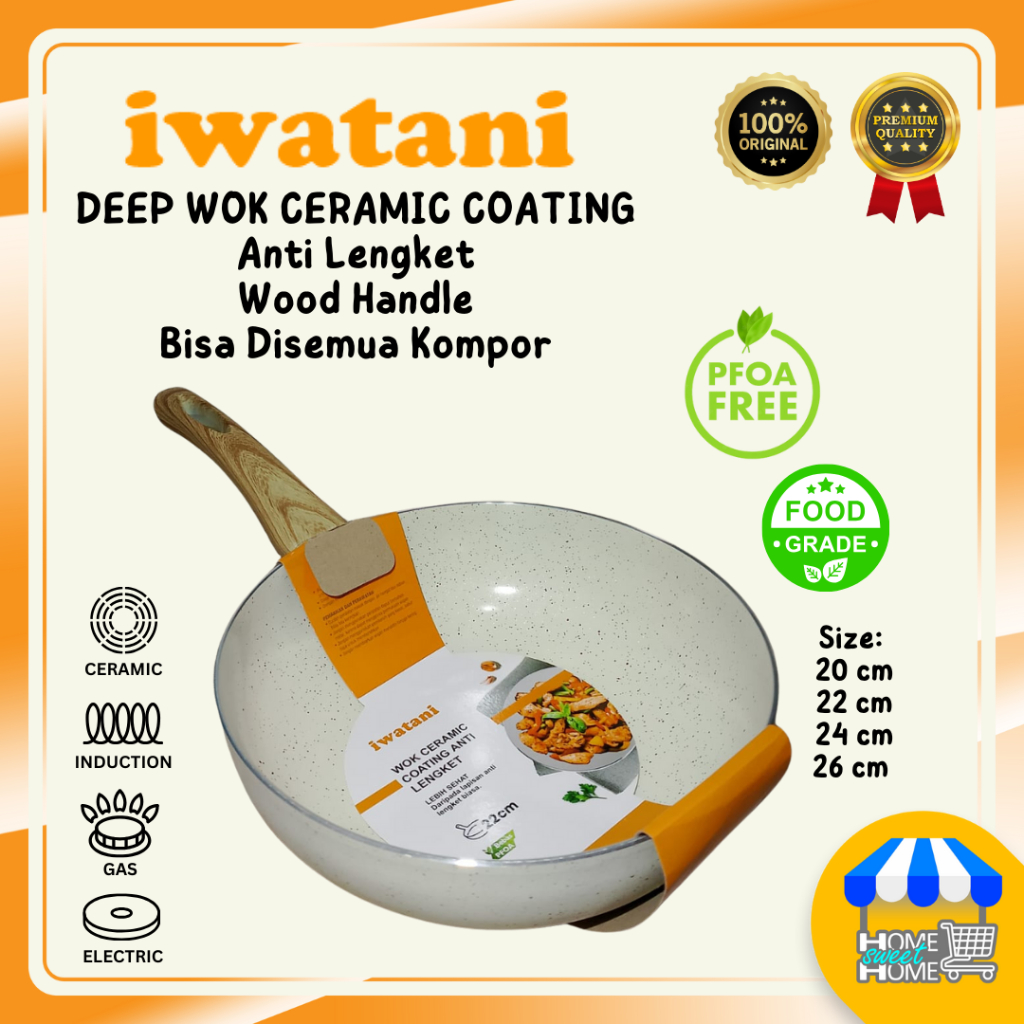 Jual Iwatani Deep Fry Wok Anti Lengket Ceramic Coating Gagang Kayu