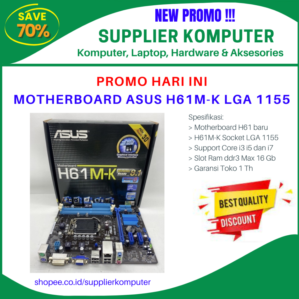 Jual MOTHERBOARD ASUS H61M K LGA 1155 BARU Support Core I3 I5 I7