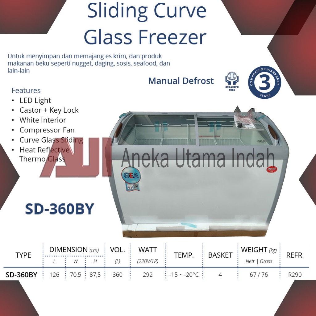 Jual Gea SD 360BY Sliding Curve Glass Freezer Freezer Kaca Cembung