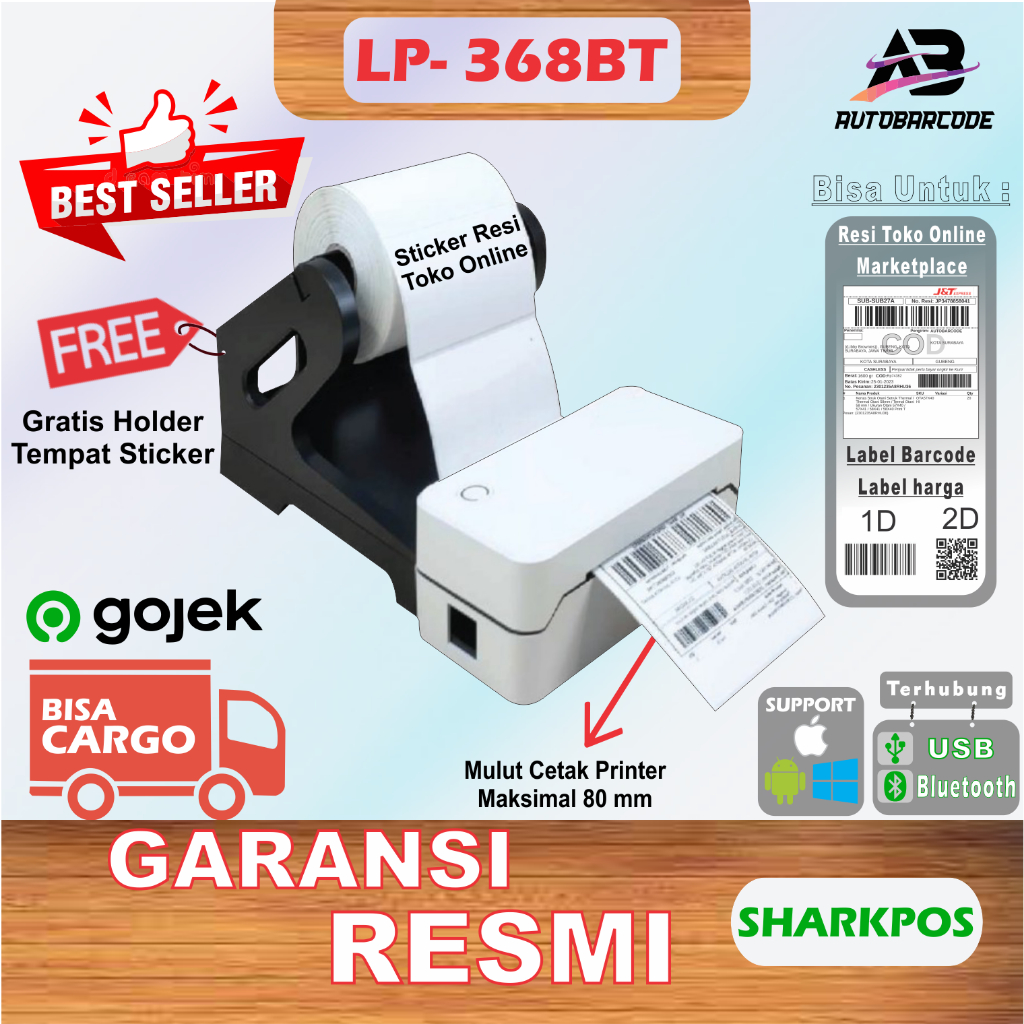 Jual Printer Barcode Sharkpos LP 368BT Label Resi 80MM Sticker Thermal