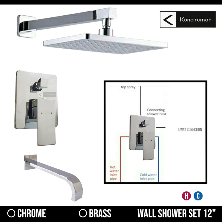 Jual Wall Shower Set Kuningan 12 Inch Rain Shower Kran Tanam Bathtub