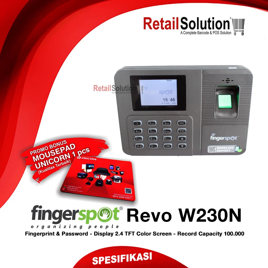 Jual Mesin Absensi Fingerprint WiFi LAN Fingerspot Revo W230N W