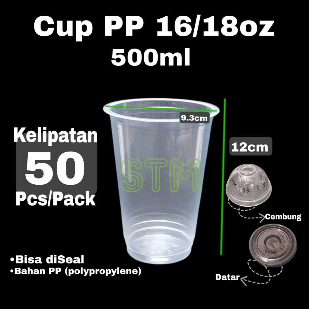 Jual Cup Gelas Plastik PP 16 18 Oz 500ml Dgn Tutup Cembung Flat Lid