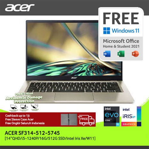 Jual ACER LAPTOP SWIFT 3 SF314 512 5745 14 QHD INTEL GEN 12 I5 1240P