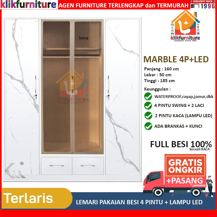 Jual Lemari Pakaian Besi 4 Pintu Laci BOGOTA 4P With LED Marble 2