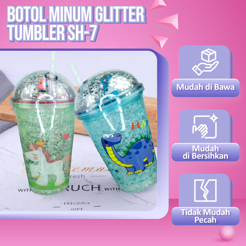 Jual Botol Minum Gemoy Glitter Tumbler Gelas Botol Minum Air Sedotan