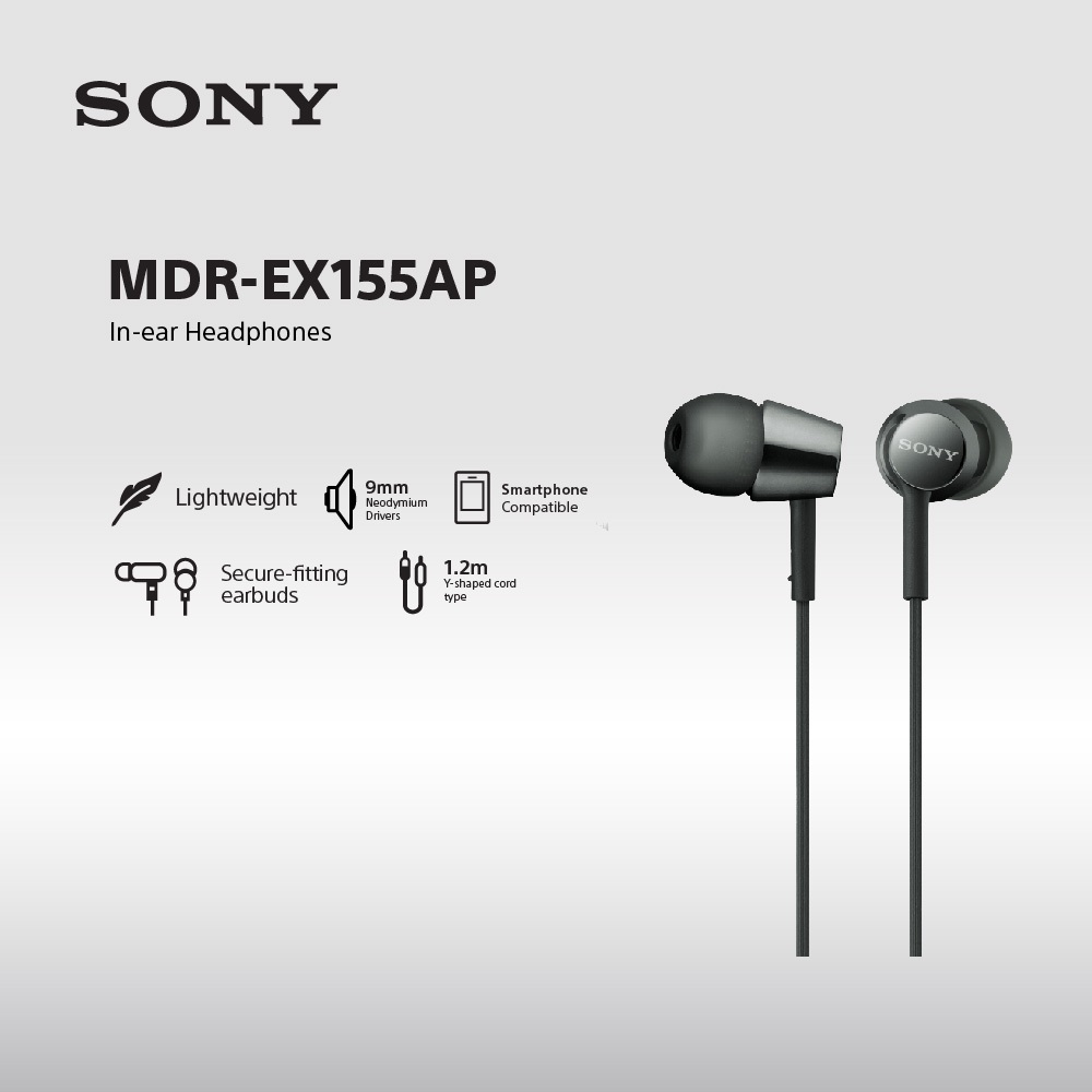 Jual Earphone Sony MDR EX155AP Handsfree Mass Model In Ear Black SONY