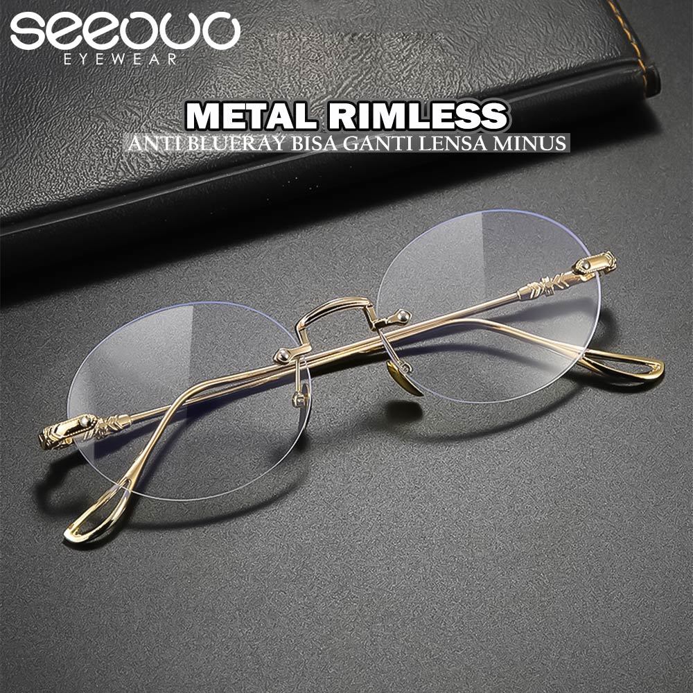 Jual Seeouo Antiradiasi Blueray Design Frame Oval Rimless Metal Kuat