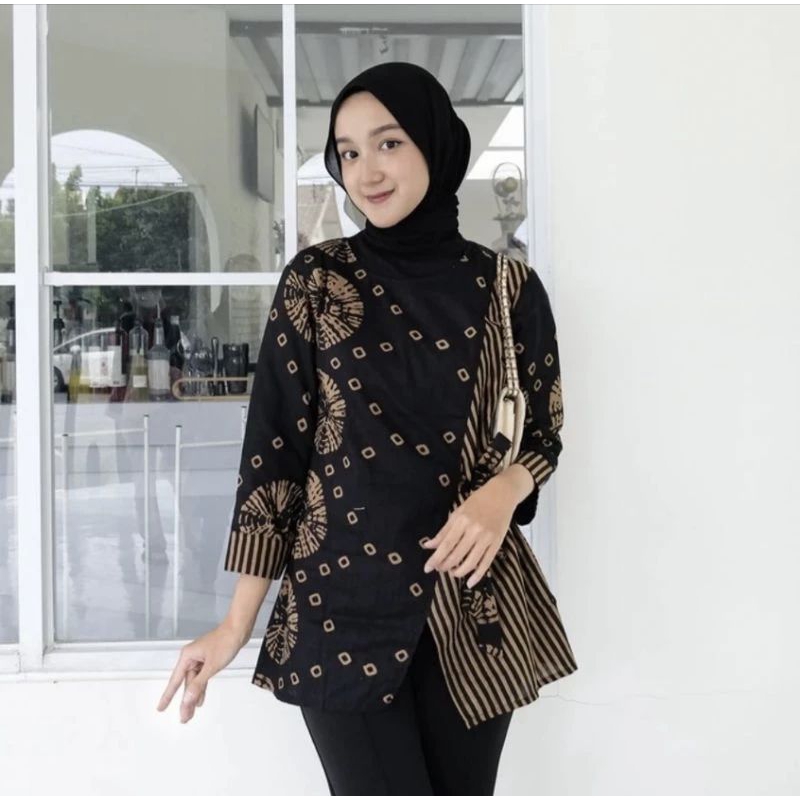 Jual Atasan Batik Wanita Blouse Batik Puffy Peplum Blus Maharani Batik