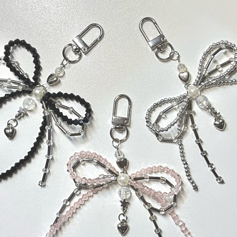 Jual Bag Ribbon Charm Keychain Gantungan Kunci Manik Manik Pita Tas