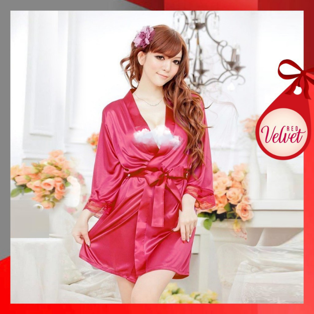 Jual RV Lingerie Set Sexy G String Bahan Satin Model Kimono Polos