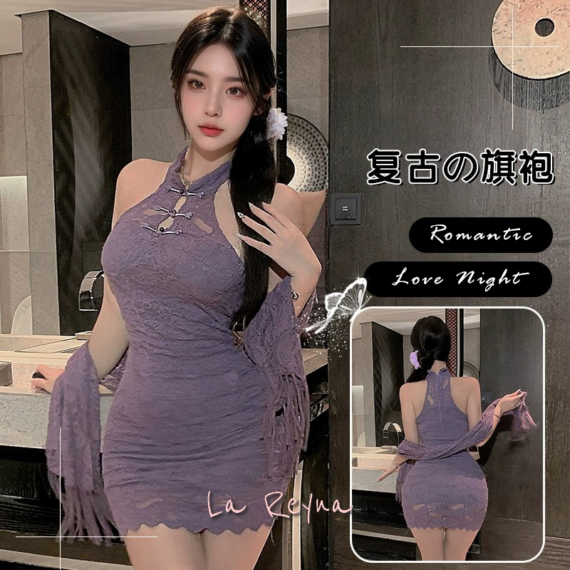 Jual Lareyna Set Lingerie Kostum Mini Dress Cheongsam Lace Ungu Elegan