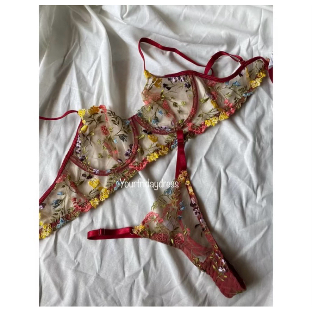 Jual Matching Set Embroidery Floral Sexy Mesh Lingerie Corset Bra And