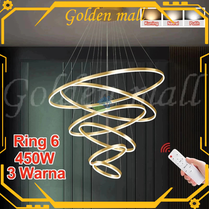 Jual COD Lampu Gantung Ring Modern Minimalis GOLD 6 Ring 5ring 120CM